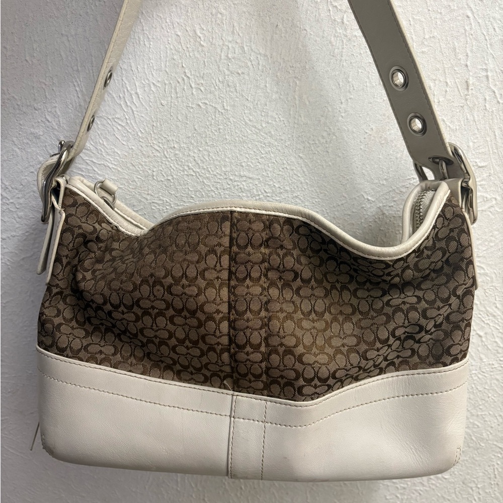 Coach Signature Brown and Cream Shoulder Bag